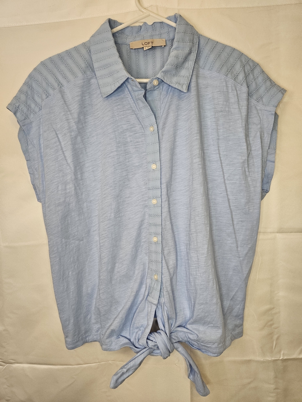 LOFT Light Blue Cap-Sleeve Button-Front Tie Hem Shirt Casual Vacation Beach